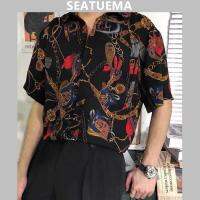 เสื้อฤดูร้อน SEATUEMA อินเทรนด์เสื้อช่างทำผมของผู้ชายเสื้อไนท์คลับของผู้ชายหล่อเสื้อแขนยาวรัดรูปหลวมเสื้อเชิ๊ตลายดอกไม้ย้อมสีเนกไททรงแคบ