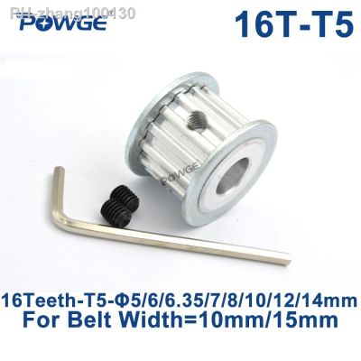 POWGE Trapezoid 16 Teeth T5 Timing Synchronous pulley Bore 5/6/6.35/7/8/10/12/14mm for belt width 10/15mm Wheel 16teeth 16T