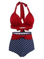 Pleated Bikini Red Top Navy Blue With White Dots Bottom Women Classic High Waist Halter Bikini Sets Plus Size Two-piece Swimwear