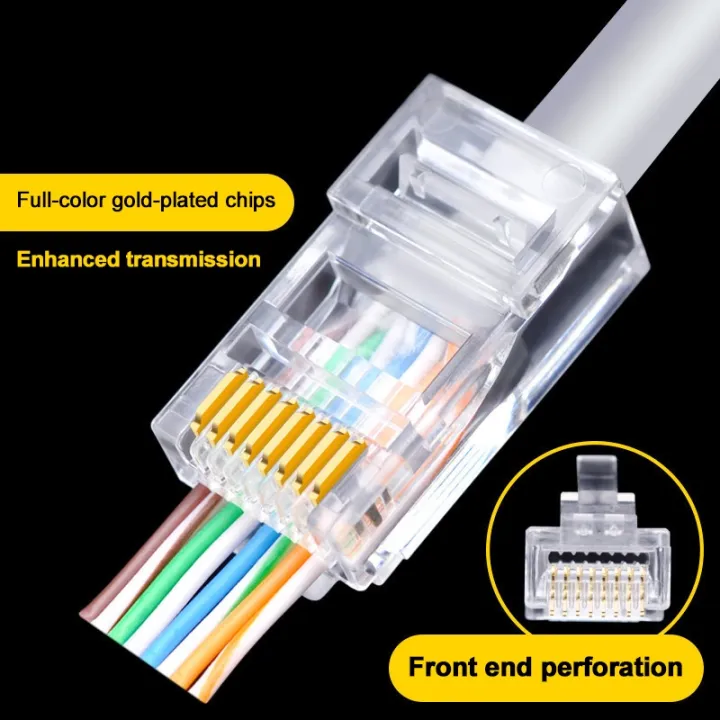 [HOT W] 100pcs RJ45 Connector 6U Gold Plated PassThrough Ethernet ...