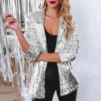 FDHRJ ผู้หญิง Blazer เลื่อมแจ็คเก็ตชิมเมอร์ลำลองแขนยาว Glitter Party เงาเสื้อโค้ทมีปก Rave Outerwearblazers สำหรับชุด