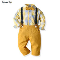 Top and Top Kids Boys Gentleman Clothing Set Cotton Long Sleeve Plaid Shirt with Bow Tie Overalls Boys Formal Wear for Wedding