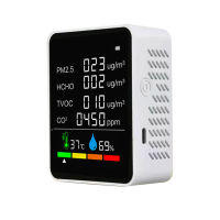 Household Air Quality Detector Multifunctional CO2 Tester with Carbon Dioxide PM2.5 TVOC HCHO Value Electricity Quantity Temperature Humidity Display Backlit LCD Color Screen Self-calibration with Alarm Function