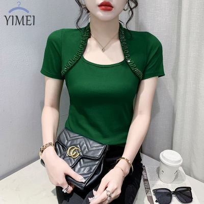 YIMEI  Short Sleeve Square Neck T-shirt Womens Summer 2023 New Temperament Beaded Top Korean Gentle Slim Fit Pure Cotton Top Women