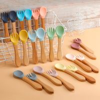 2pcs/set Food Grade Silicone Mini Fork Spoon For Baby Wooden Print Utensils Set Feeding Spoon Learn To Eat Childrens Tableware Bowl Fork Spoon Sets