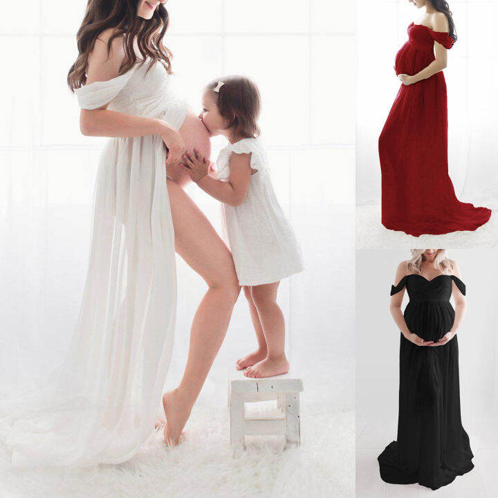 Long Maternity Photography Props Short Sleeve Pregnancy Dress