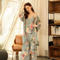 2021HOT SELLING 3Pcs Soft Pajama Set For SPRING &amp; FALL Ladies Sleepwear Floral Printed Pink Leaves Cardigan+Camisole+Pants Homewear