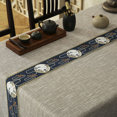 （HOT) ใหม่สไตล์จีน Fushou Songhe Cotton Blue Hemi โต๊ะกาแฟสีเทาพิธีชงชาผ้าปูโต๊ะสี่เหลี่ยมยาวแบบเซนผ้าปูโต๊ะ