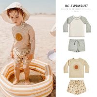 Baby Boys Swimming Wear Spell Color Long Sleeve Swimsuit Shorts 2pcs Suit Children Quick Drying Swimwear