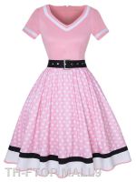 2023FTOP MALL9 2022 50S 60S Dressกับเข็มขัดPolka Dotพิมพ์แขนสั้นHepburn Robe pin Up Rockabilly Dresses