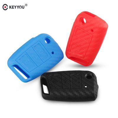 npuh KEYYOU 3 BT Keychain Carbon Fiber Silicone Key Fob Cover Case For VW Golf 7 Passat Polo For Skoda Combi A7 For SEAT Leon Ibiza