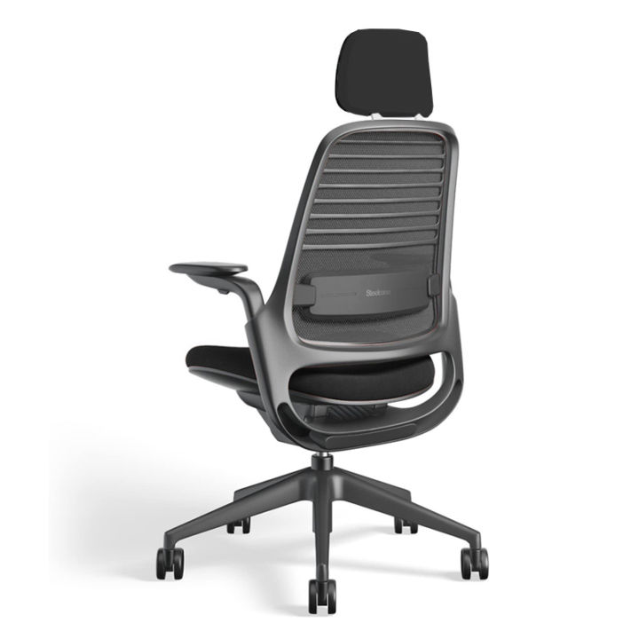 modernform-เก้าอี้-steelcase-ergonomic-รุ่น-series1-พนักพิงศีรษะสูง-สีดำ-พนักพิงหลังสีเทาเข้ม-เบาะสีดำ-เก้าอี้เพื่อสุขภาพ-เก้าอี้แก้ปวดหลัง-หุ้มด้วยผ้าตาข่ายไมโครนิต-มีอุปกรณ์รองรับเอวปรับได้-ปรับน้ำห