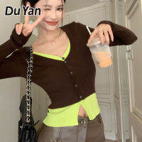 DU YAN เสื้อกันหนาวแบบบางแขนยาวสองชิ้นปลอม,ใหม่2023คอวีทรงพอดีตัวตัด