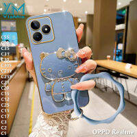 YiaMia เคสโทรศัพท์แฟชั่นสำหรับ OPPO Realme C55 C53 C35 C31 C30 C30S C21Y C25Y C21 C20กระจกเงาโต๊ะเครื่องแป้ง C15 C11 C17 C3 C1ตัวชุบโลหะหรูหราแฟชั่น KT แมวตัวยึดฝาครอบโทรศัพท์ + สายรัดข้อมือ