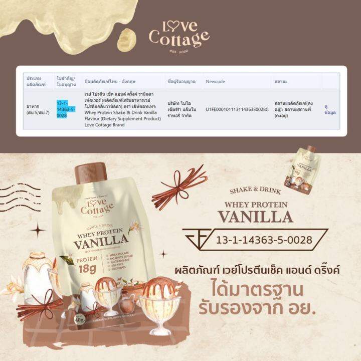 พร้อมส่ง-รสวนิลา-เวย์โปรตีนถุงเขย่าเจ้าแรกในไทย-อร่อยง่ายๆไม่ต้องพกขวดเชค-ละลายในน้ำเย็น-love-cottage-whey-protein