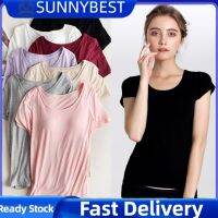 SUNNYBEST เสื้อยืดบุนวมธรรมดาสำหรับผู้หญิงเสื้อยืดลายพื้นยืดหยุ่นพร้อม Modal ท็อปส์กีฬาโยคะที่บางเฉียบ