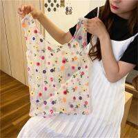 Women Transparent Foldable Mesh Cloth Daisy Embroidery Handbag Multicolored Flower Tulle Fruit Bag Purse Shopping Bag Tote 2023