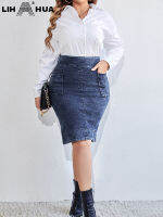 LIH HUA Plus Size Casual Skirt, Womens Plus Elastic High Rise Knee Length Pleated Slim Fit Skirt With Pockets