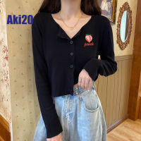 เสื้อยืด Aki20สำหรับผู้หญิงสไตล์เกาหลีเสื้อครอปแจ็กเกอร์แขนยาวสั้น Atasan Bahan Rajut ปักลายรับลมอย่างอ่อนโยนฤดูใบไม้ผลิ2023