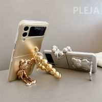 Luxury Plating Silver Cute Bear Stand Phone Case For Samsung Galaxy Z Flip 5 4 3 Z Flip4 Flip5 Flip3 5G Cover with Chain Cases
