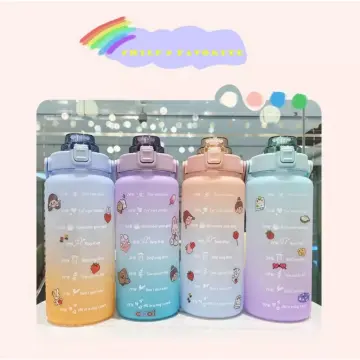 Kawaii Jumbo Plastic 2000ml Water Bottle With Time Marker & Straw