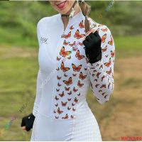 XAMA POR Cycling Suit Womens Triathlon White Long-sleeved Bodysuit Butterfly Color Cycling Suit Summer