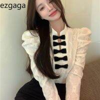 【Obatia】 Ezgaga สไตล์ฝรั่งเศสฤดูใบไม้ร่วงฤดูหนาวเสื้อผู้หญิงโบว์กลวงออกลูกไม้ทุกการแข่งขันหญิงที่สง่างามเสื้อวินเทจท็อปส์ซูพื้นฐาน