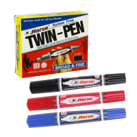 Horse ปากกาเคมี ปากกา Permanent 2 หัว ตราม้า หมึกสีดำ, แดง, น้ำเงิน (แพ็ค 12 ด้าม)