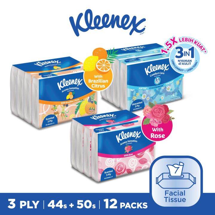 Kleenex Facial Tissue 3 Ply Rose - Citrus 44s & Comfort 50s [12 Packs ...