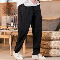 、’】【= New Chinese Style Youth Tether Closure Casual Solid Color Flax Mens Trousers Cotton Hemp Daily Loose Mens Fashion Leggings