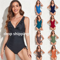 2022 new swimsuit womens beach swimsuit European and American ruffled swimsuit with side rope multicolor bikini swims