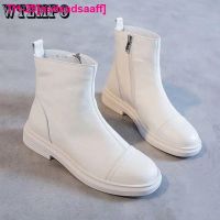 asdsadsaaff Botas curtas de couro femininas salto grosso antiderrapante zíper lateral estilo inglês cor pura simples casual moda coreana bege