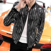 ร้อน, ร้อน★New Sequined Bomber Jacket Men Shiny Sequins Long Sleeve Glitter Zipper Coat Hip Hop Loose Night Club Stage Streetwear Coats