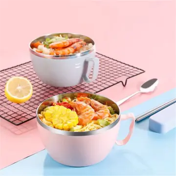 600ml Noodle Bowl with Lid Handle Stainless Steel Plastic Leak