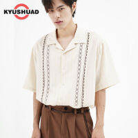 KYUSHUAD ฮาวายแขนสั้นเสื้อลายปักคอวีสำหรับผู้ชายและผู้หญิงฤดูร้อน