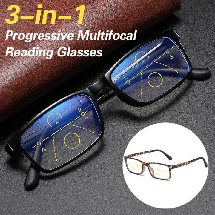 3in1 Progressive Multifocal Reading Glasses Men Women Anti Blue Lenses Presbyopia Magnification 2648