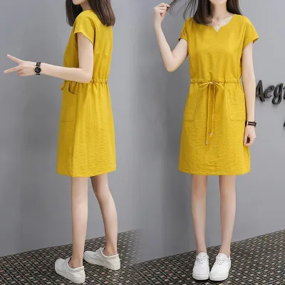 Women Short Sleeve Loose V Collar Lacing Dress for Summer Wear