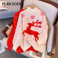 PEAR DODO เสื้อกันหนาวแบบถักพิมพ์ลายกวางหลวมแขนยาวคอกลมสไตล์เกาหลี