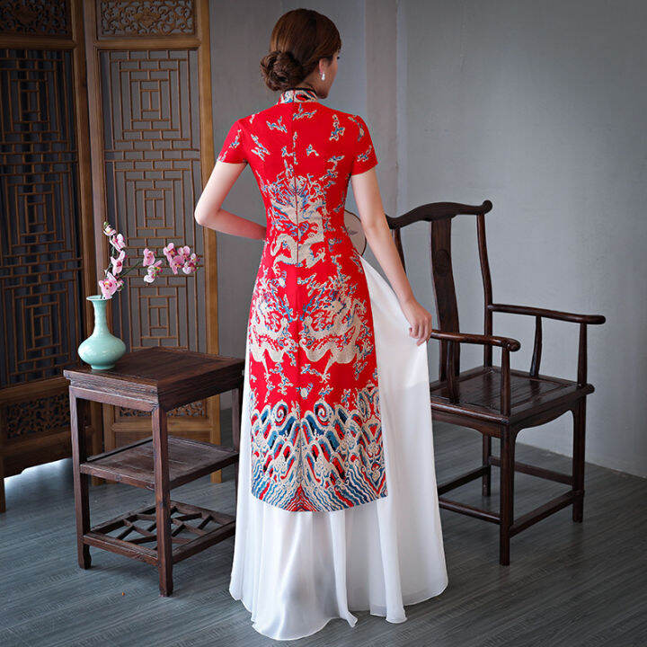 เวียดนาม-ao-dai-cheongsam-ชุดยาว2022มารยาทจีนปรับปรุงทุกวันแม่-cheongsam-แขนสั้นผู้หญิง