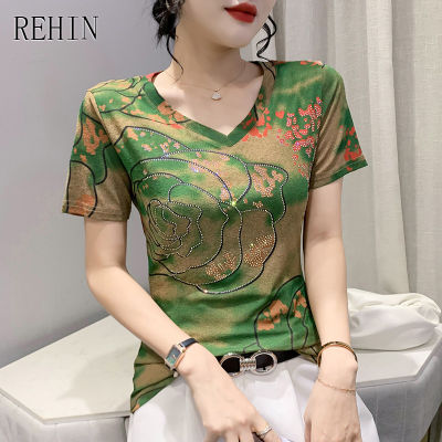 REHIN ของผู้หญิงด้านบนคอวีเจาะร้อนพิมพ์แขนสั้นเสื้อยืดเวอร์ชั่นเกาหลีใหม่สลิมฟิต S-3XL สง่างามเสื้อ