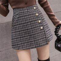 New Fashion Tweed Plaid Shorts Skirts Womens Autumn Winter Single Breasted High Waist Woolen Shorts Woman Casual Culottes