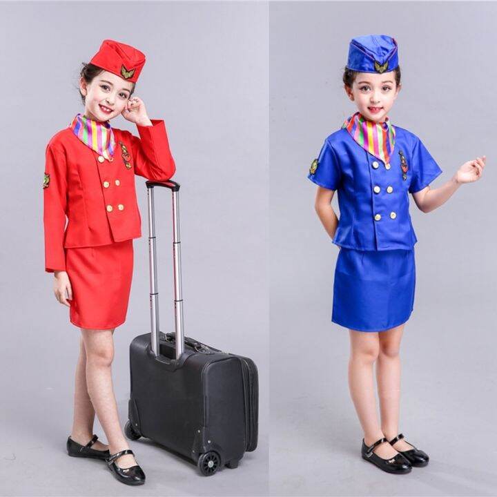 Flight Attendant Kids Girls Uniform Captain Carnival Party Costumes ...