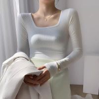 [Customized] French Square Collar Shoulder Apricot Long-Sleeved T-shirt Womens off-Shoulder Top Versatile Casual Bottoming Shirt Womens