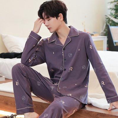 MUJI High quality 100  cotton pajamas mens 2023 new spring and autumn mens long-sleeved cotton spring and summer mens home clothes set