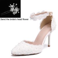 Womens white lace wedding shoes with one button shoes, slim fit and pointed wedding shoes, bridesmaid sandals