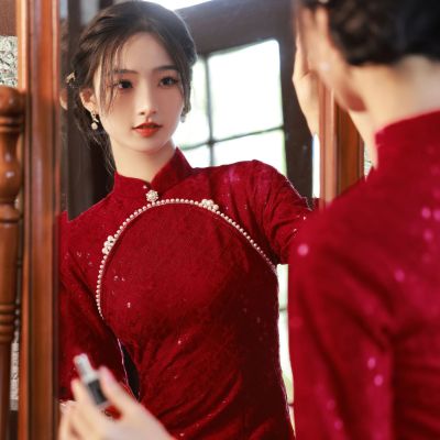 Chenille สีแดง Cheongsam 2022ใหม่จีนเจ้าสาวขนมปังชุดชุดแต่งงานชุดหมั้น