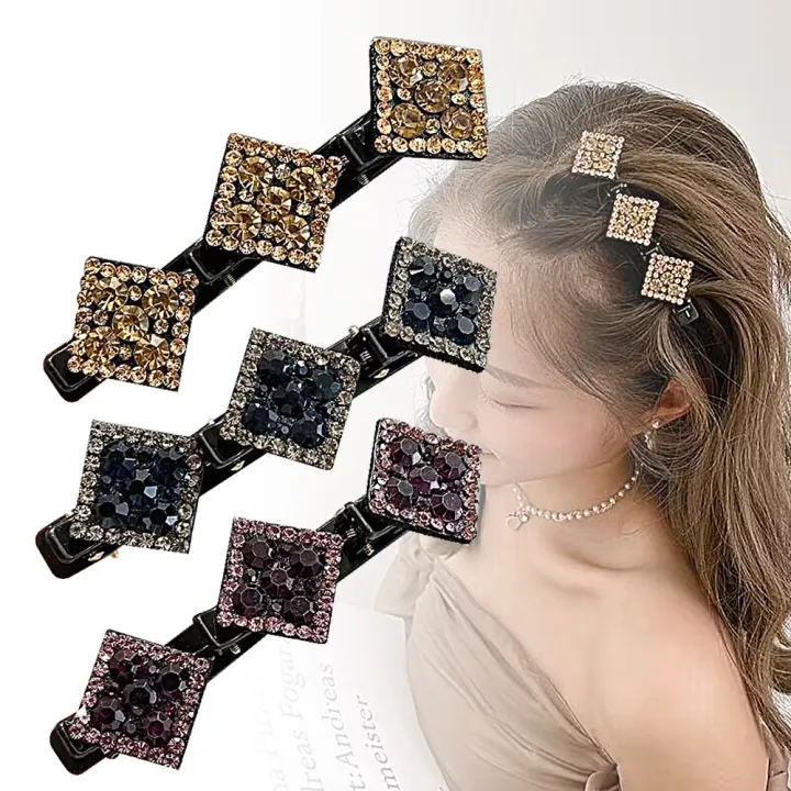 Sparkling Crystal Stone Braided Hair Clips Satin Rhinestone Fabric Hair