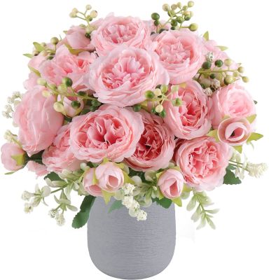 [AYIQ Flower Shop] ดอกโบตั๋นสีเบจปลอมดอกโบตั๋นเทียม5หัวสำหรับช่อดอกไม้งานแต่งงานตกแต่งบ้านเจ้าสาวงานฝีมือจำนวนมากพืชแบบ DIY