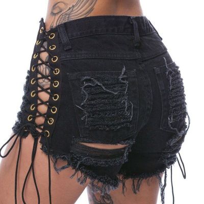 NORMOV Denim Shorts Jeans Women Sexy Ripped Hole Solid Black Lace Up Casual Pocket Jeans Shorts 2019 Summer Hot Shorts