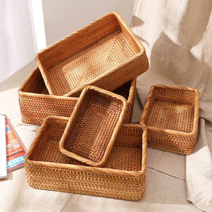 Handwoven Rattan Storage Rectangle Wicker Container Bread Fruit Food